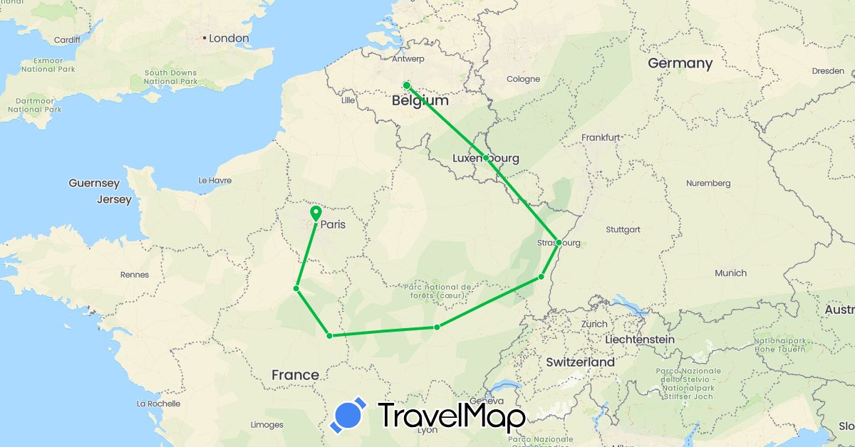 TravelMap itinerary: driving, bus in Belgium, France, Luxembourg (Europe)